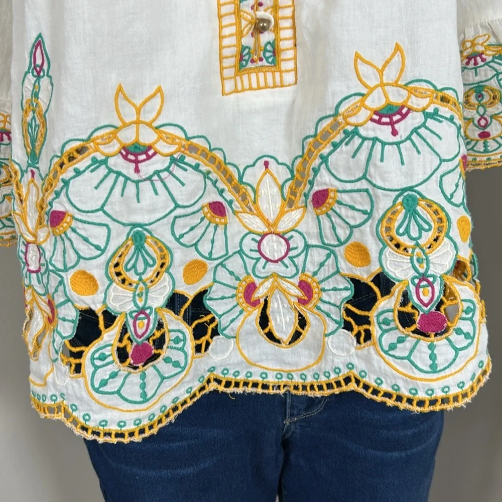 Anthropologie White Embroidered Tunic with Teal & Yellow Accents - Picture 6 of 15